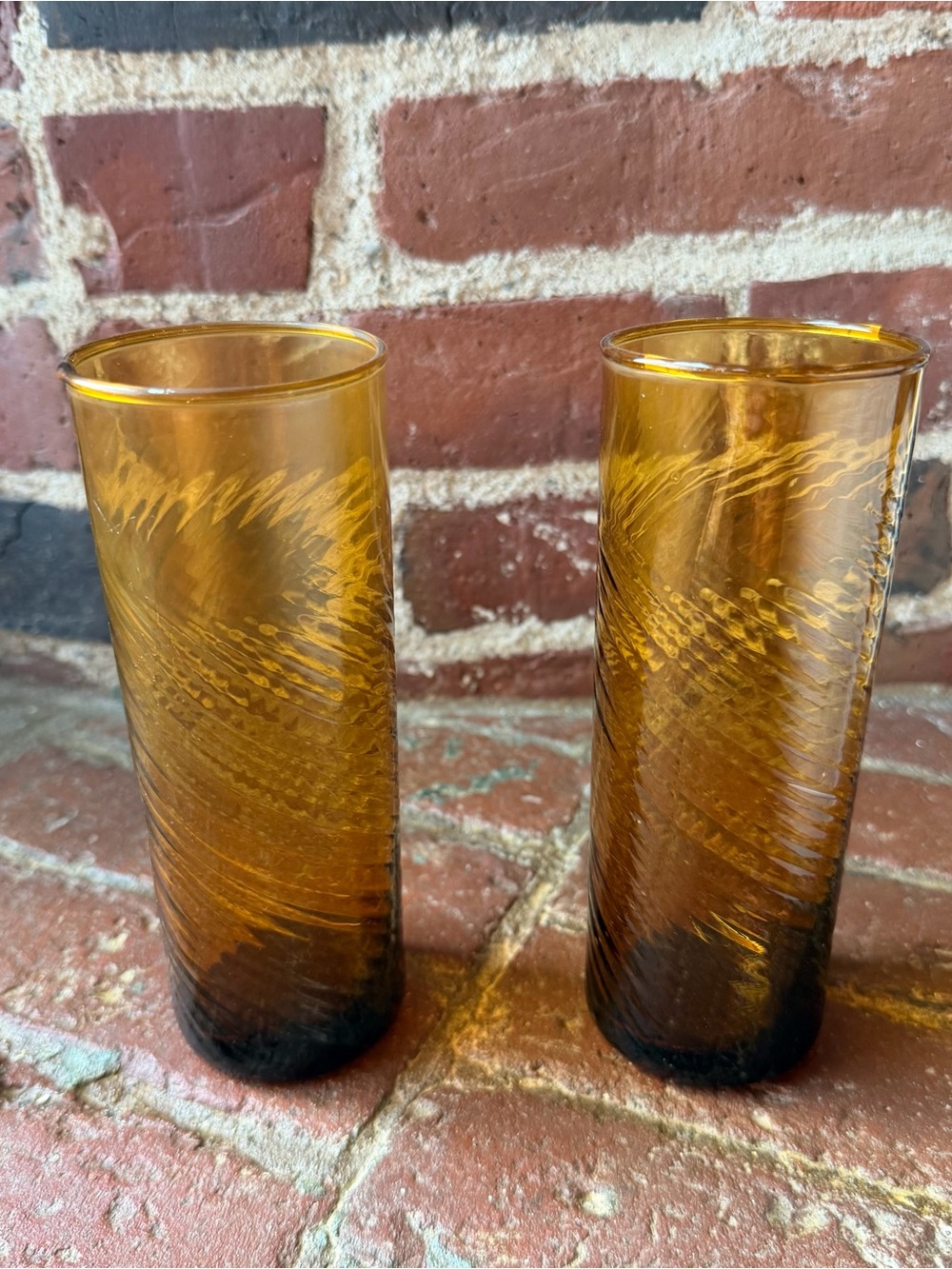 Vintage 70s artisan hand blown amber glass tumblers set of 2
